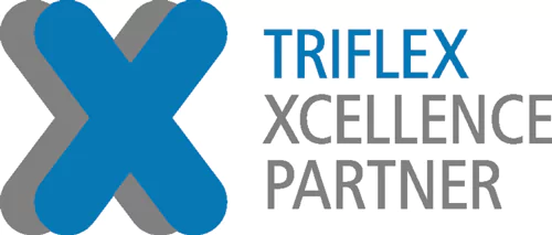 Blaues und graues X überlappend mit Schriftzug TRIFLEX XCELLENCE Partner