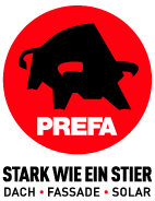 Logo PREFA mit Stir Icon und Text: Stark wie ein Stier! Dach - Fassade - Solar